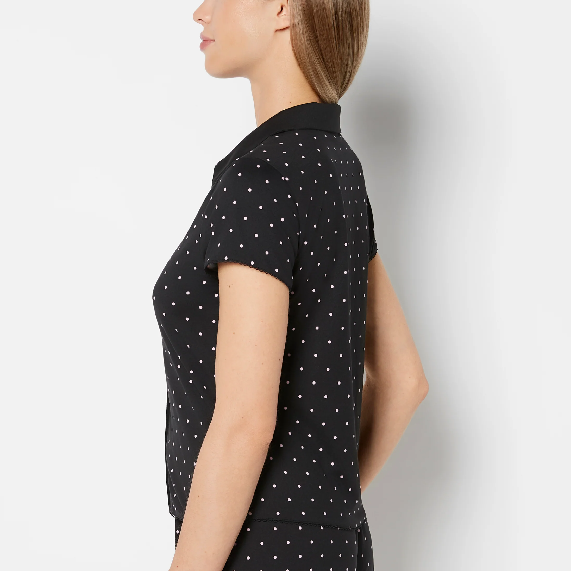 Casual Sleep Jersey Button Up Short Sleeve Top with Picot Trim in Tiny Dot - Image 2