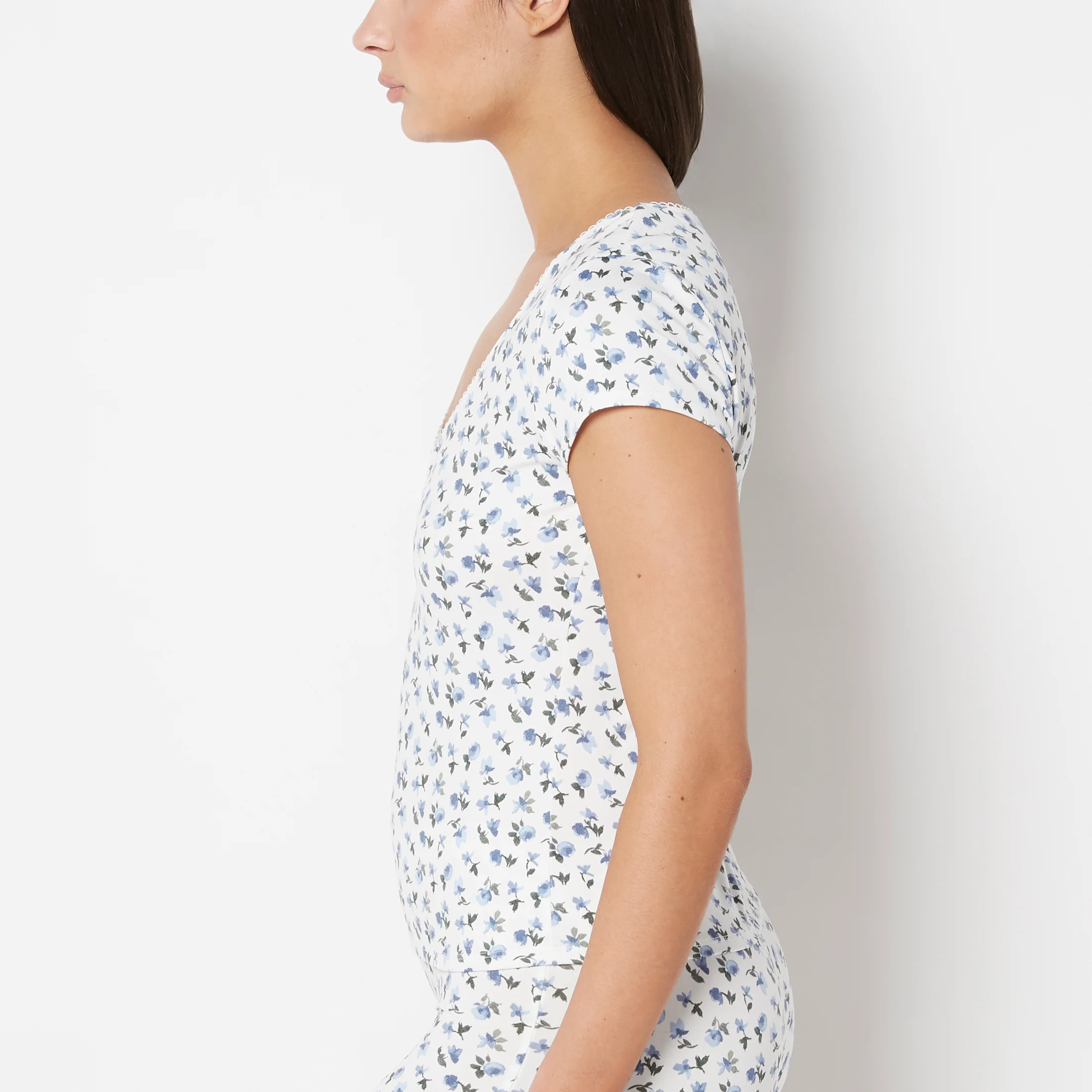 Casual Sleep Jersey V Neck Top With Picot Trim in Breezy Mid Floral - Image 2