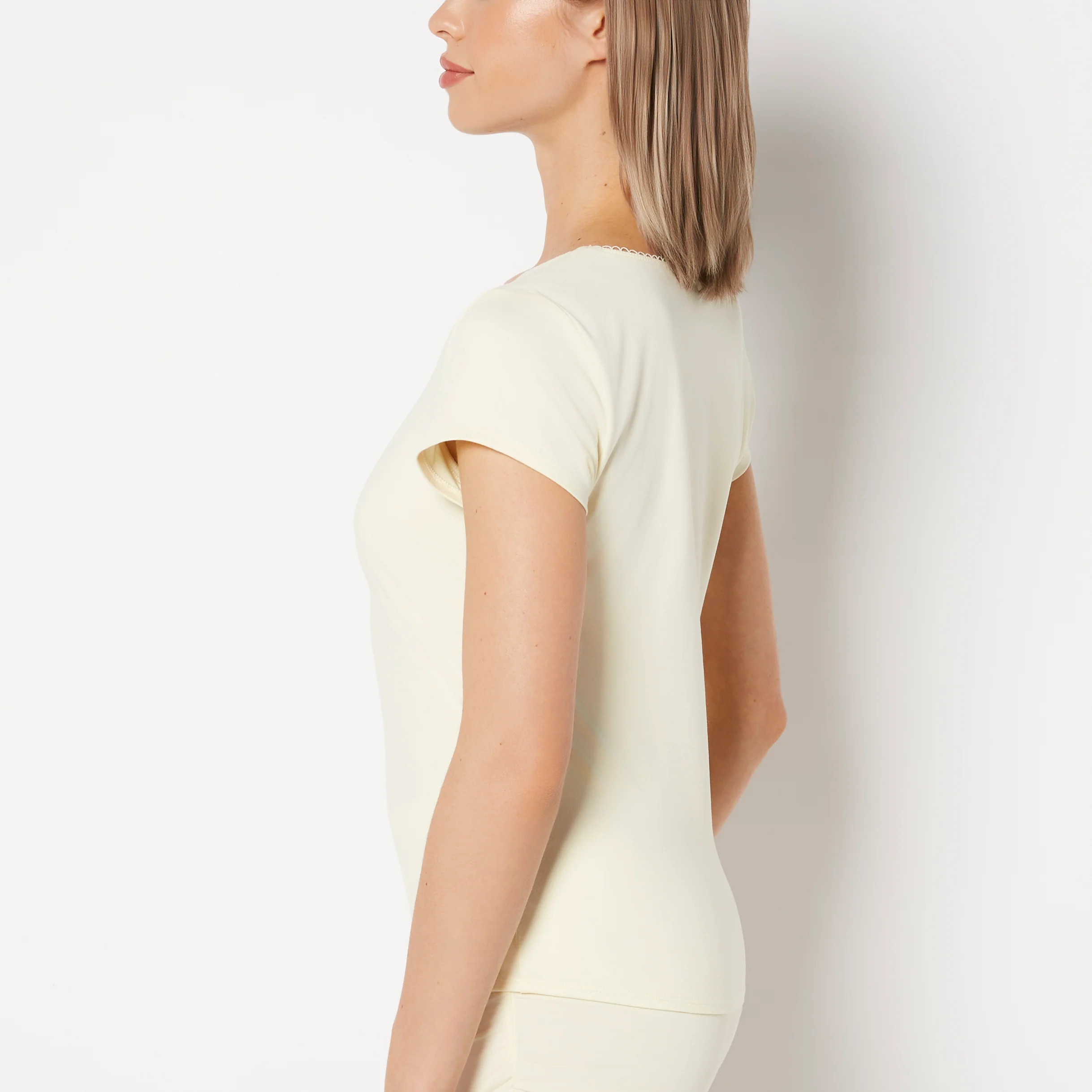 Casual Sleep Jersey V Neck Top With Picot Trim in Lemon Icing - Image 2