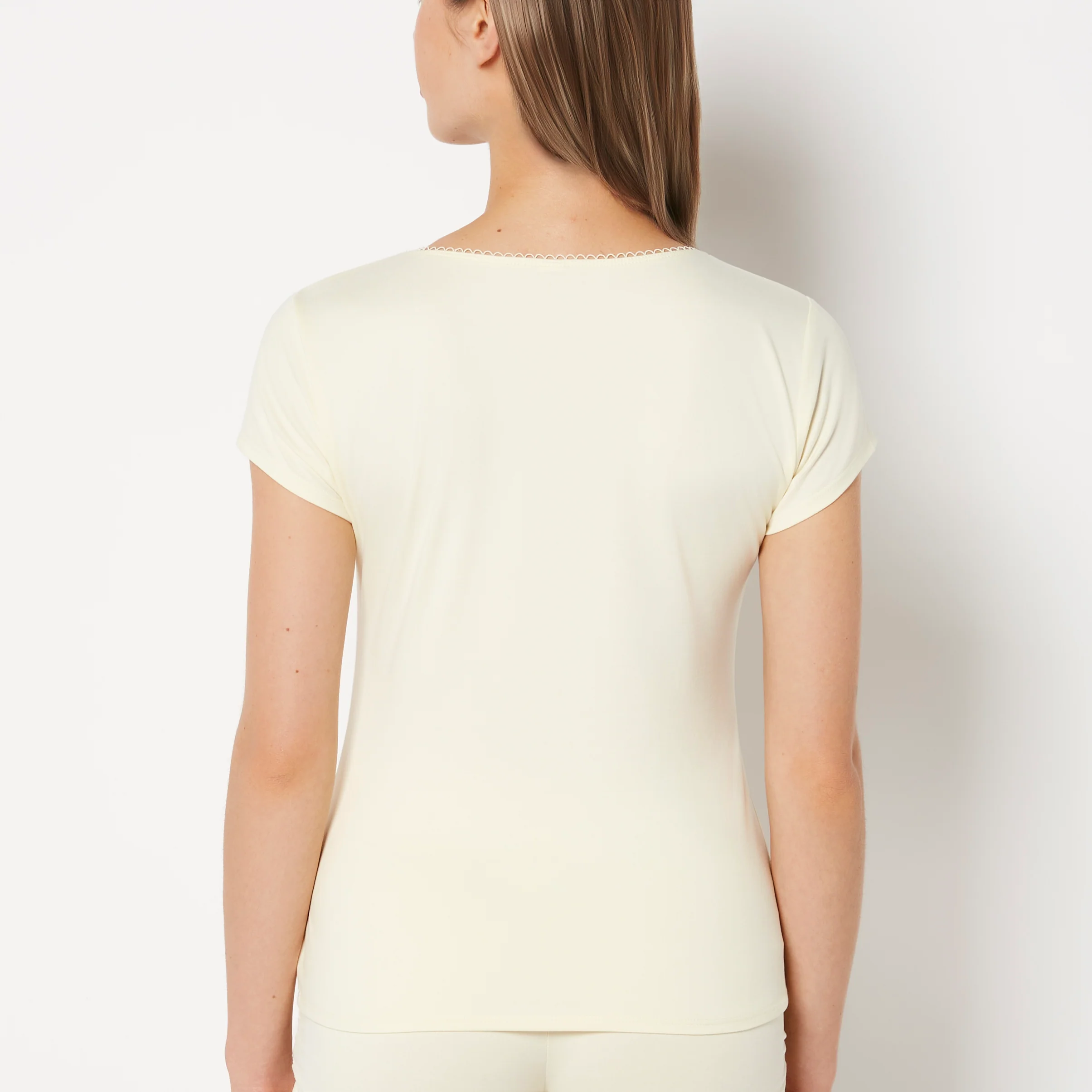 Casual Sleep Jersey V Neck Top With Picot Trim in Lemon Icing - Image 3
