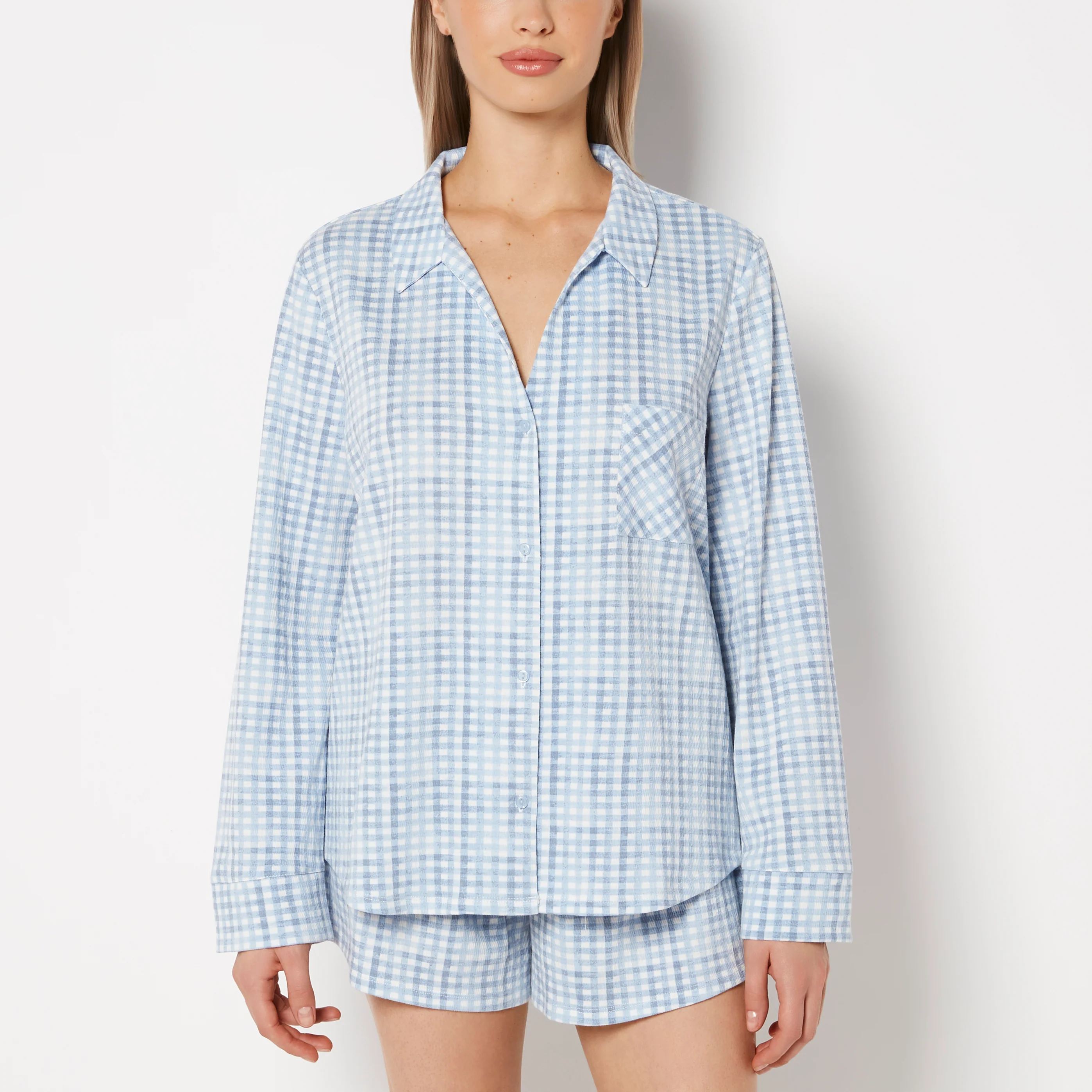 Casual Sleep Long Sleeve Button Down in a Textured Knit in Breezy Gingham