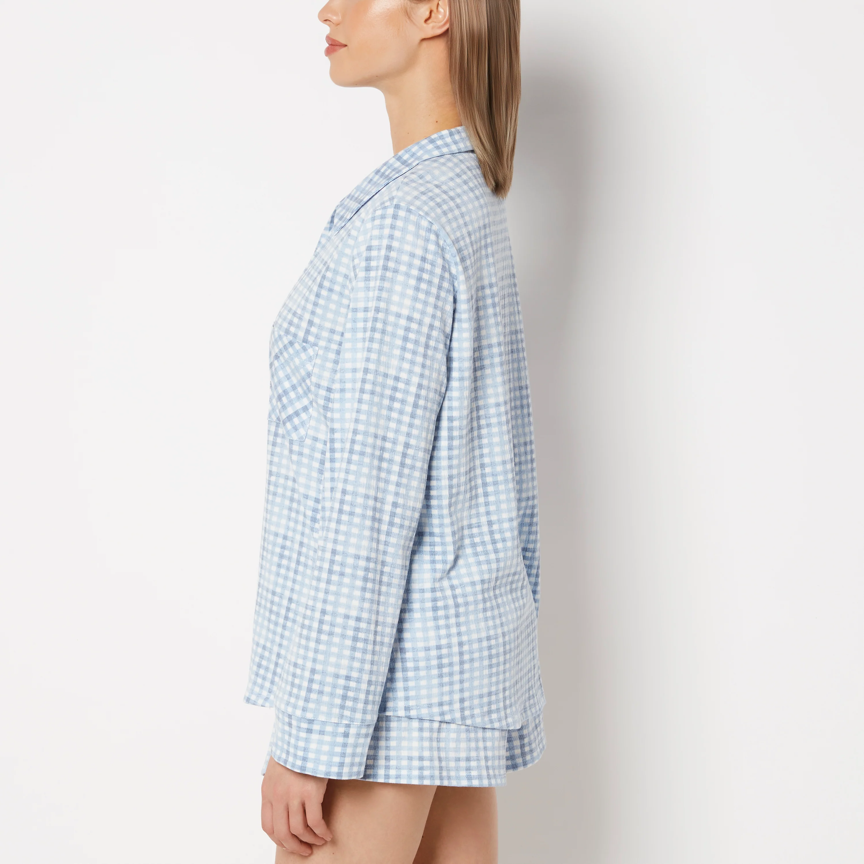 Casual Sleep Long Sleeve Button Down in a Textured Knit in Breezy Gingham - Image 2