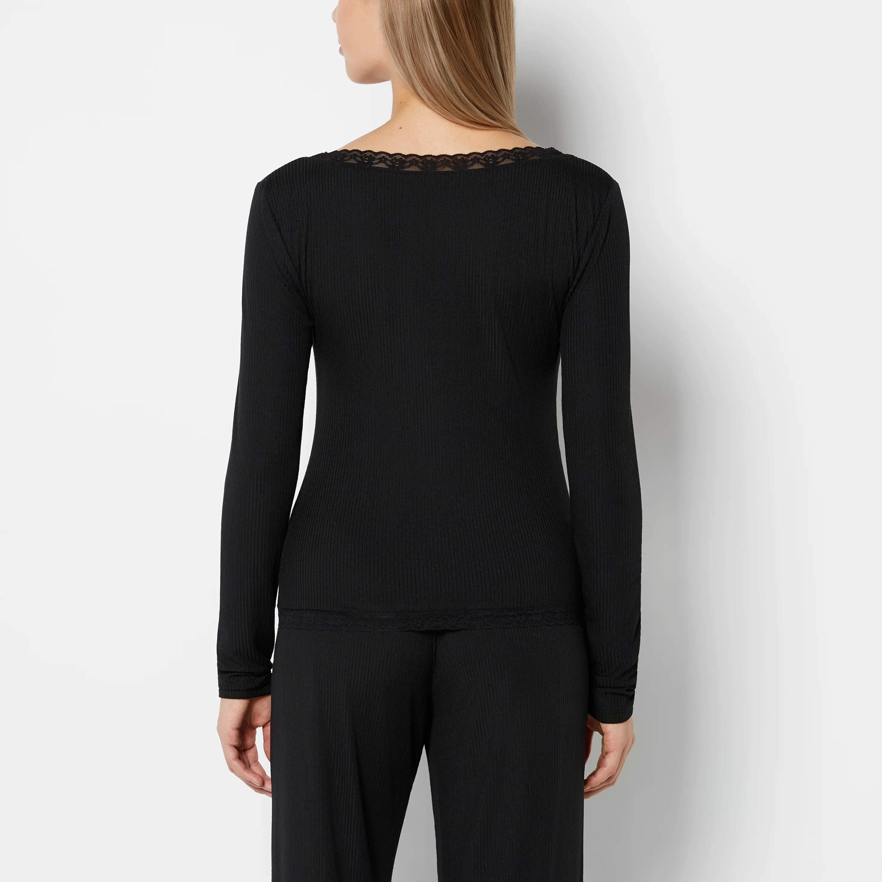 Casual Sleep Ribbed Long Sleeve Top With Lace Trim in Tuxedo Black - Image 3