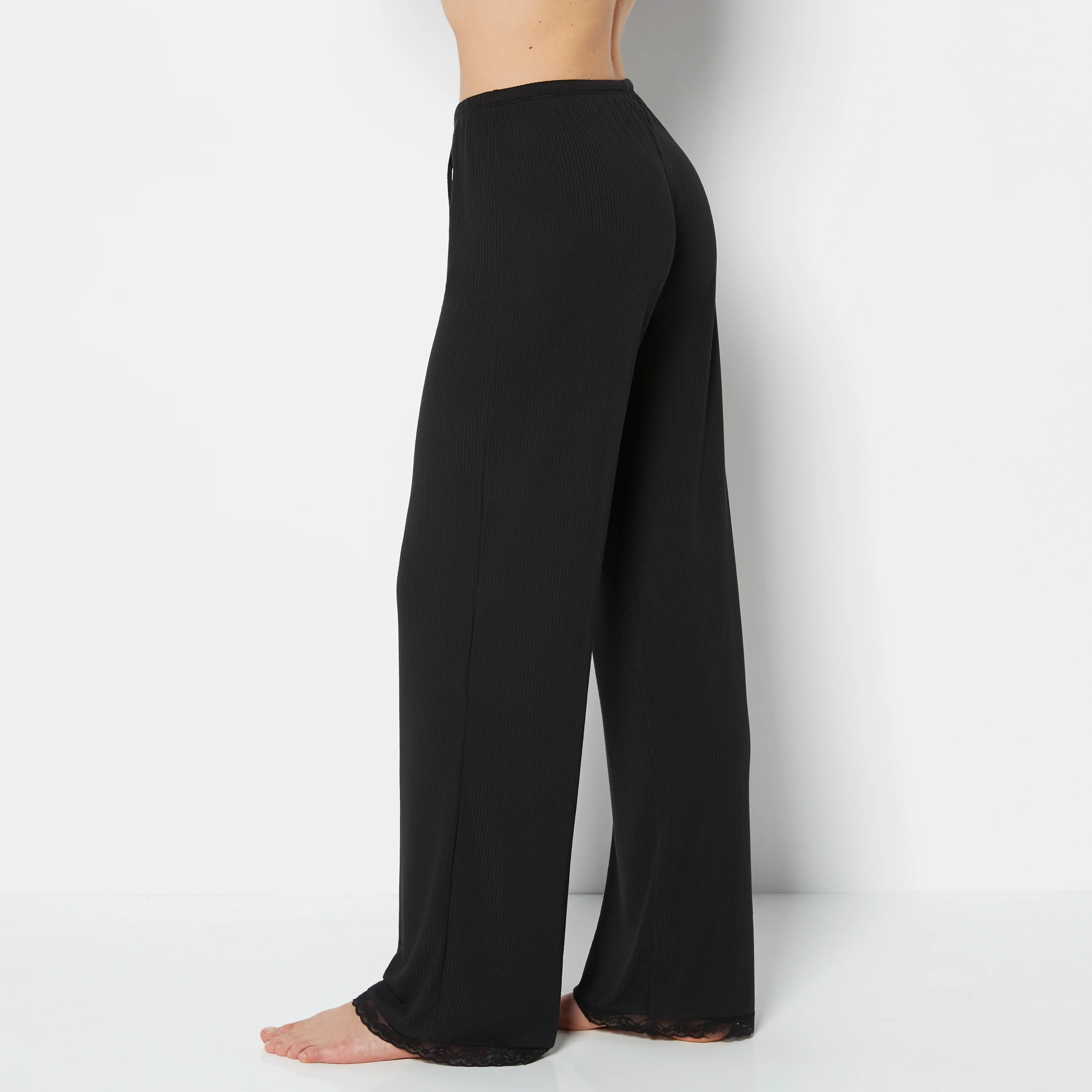 Casual Sleep Ribbed Pant With Picot Trim in Tuxedo Black - Image 2