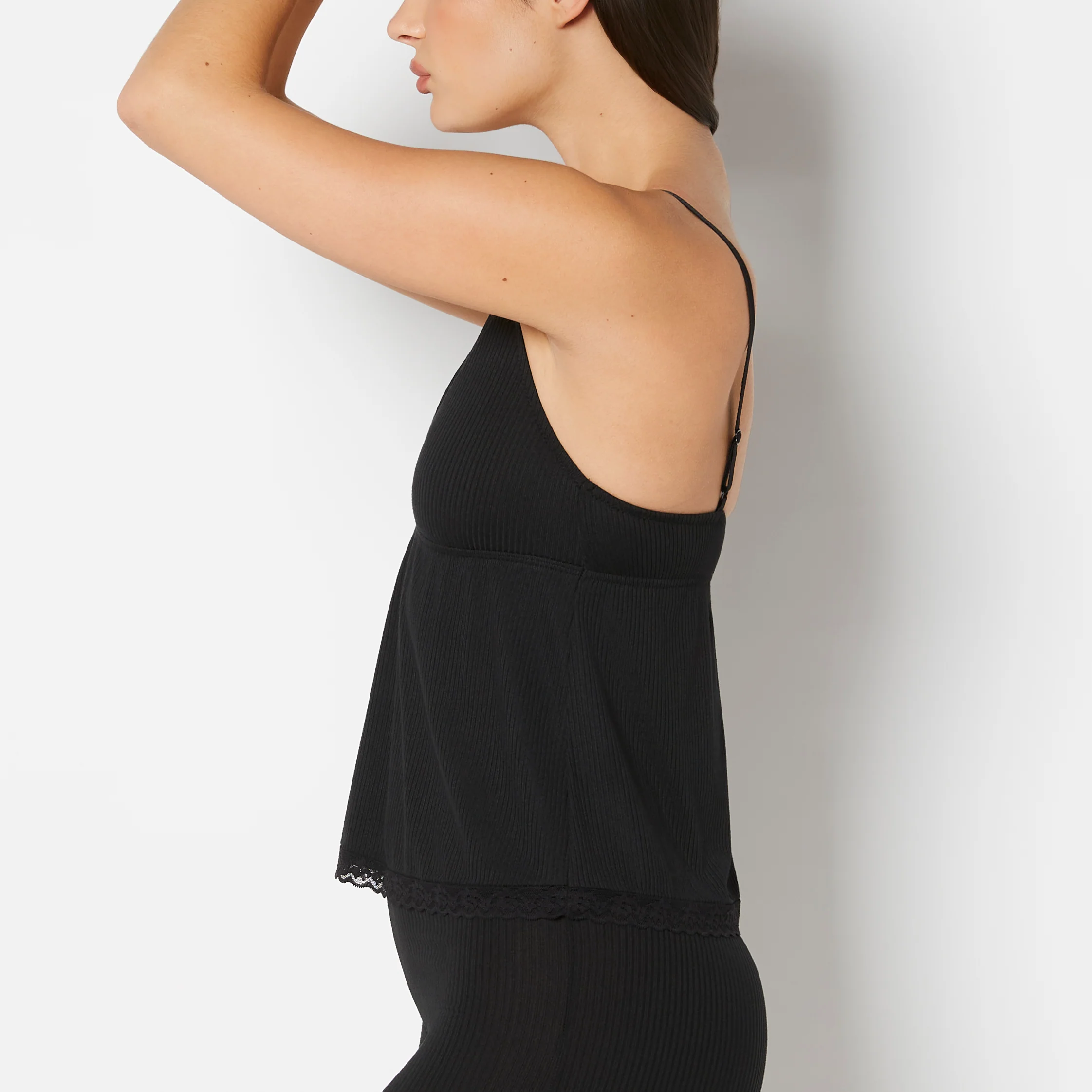 Casual Sleep Ribbed V Neck Tank With Lace Trim in Tuxedo Black - Image 2