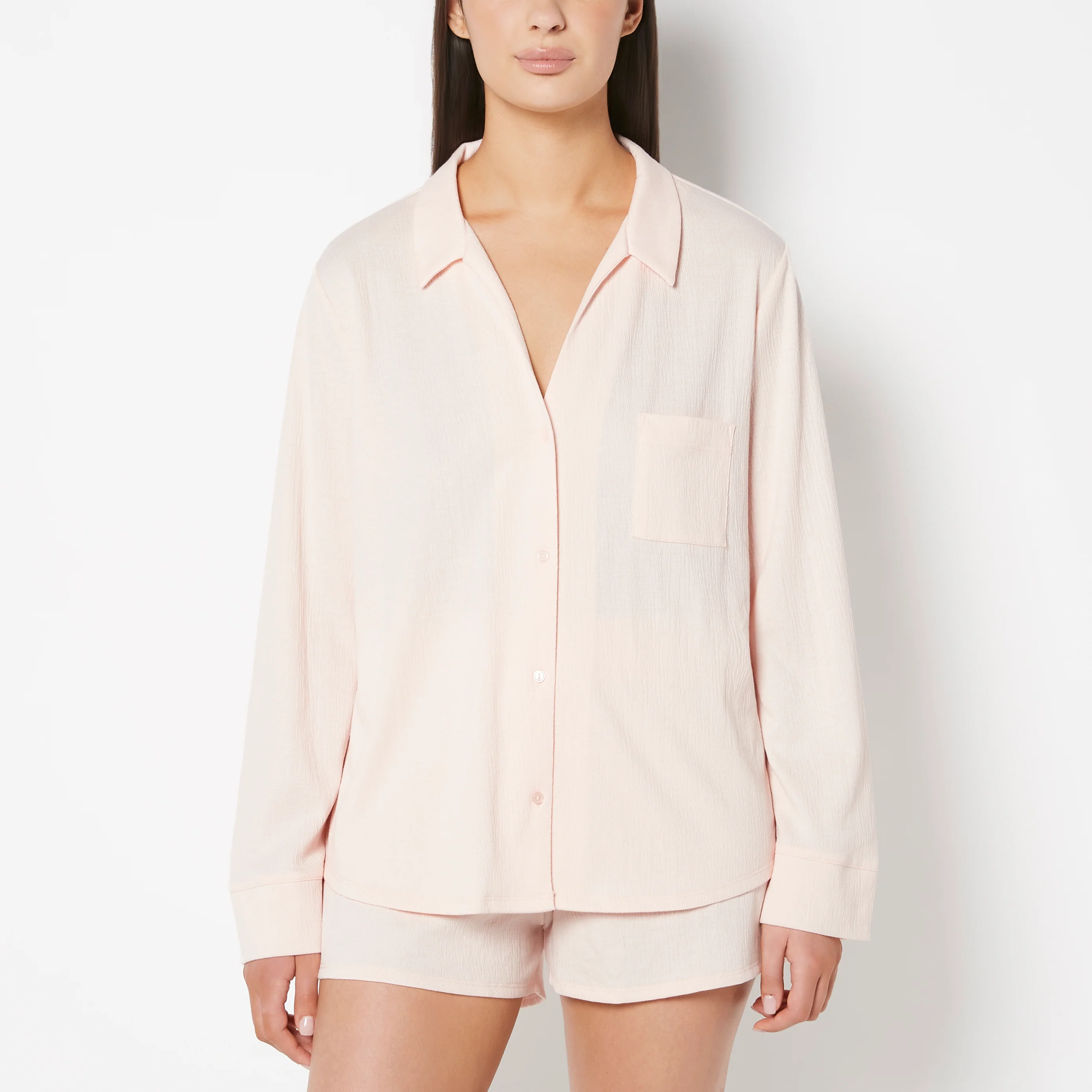 Casual Sleep Textured Knit Long Sleeve Button Down in Pearl Blush