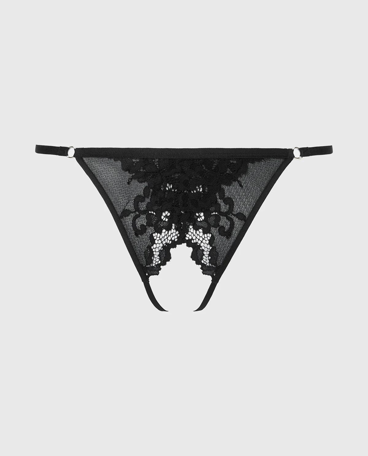 Crotchless G-String with Romantic Lace in Tuxedo Black