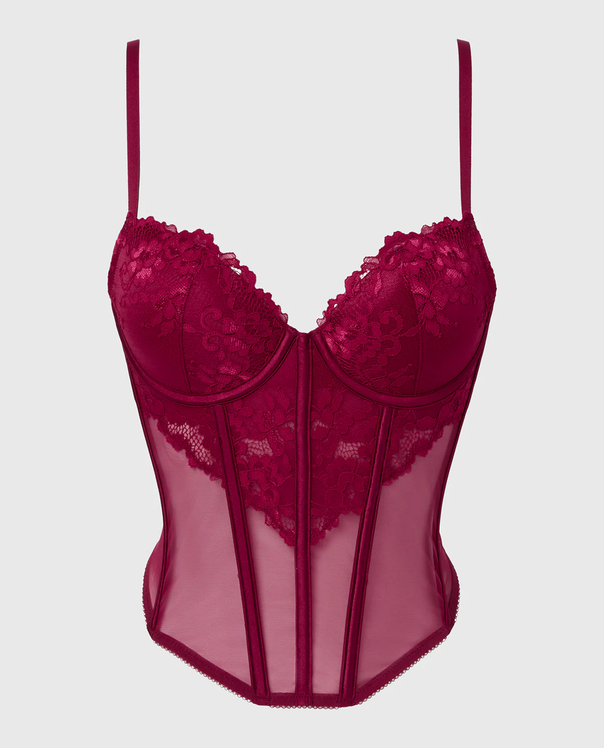 Lightly Lined Demi Bustier with romantic lace and Mesh in Plum Rose - Image 4