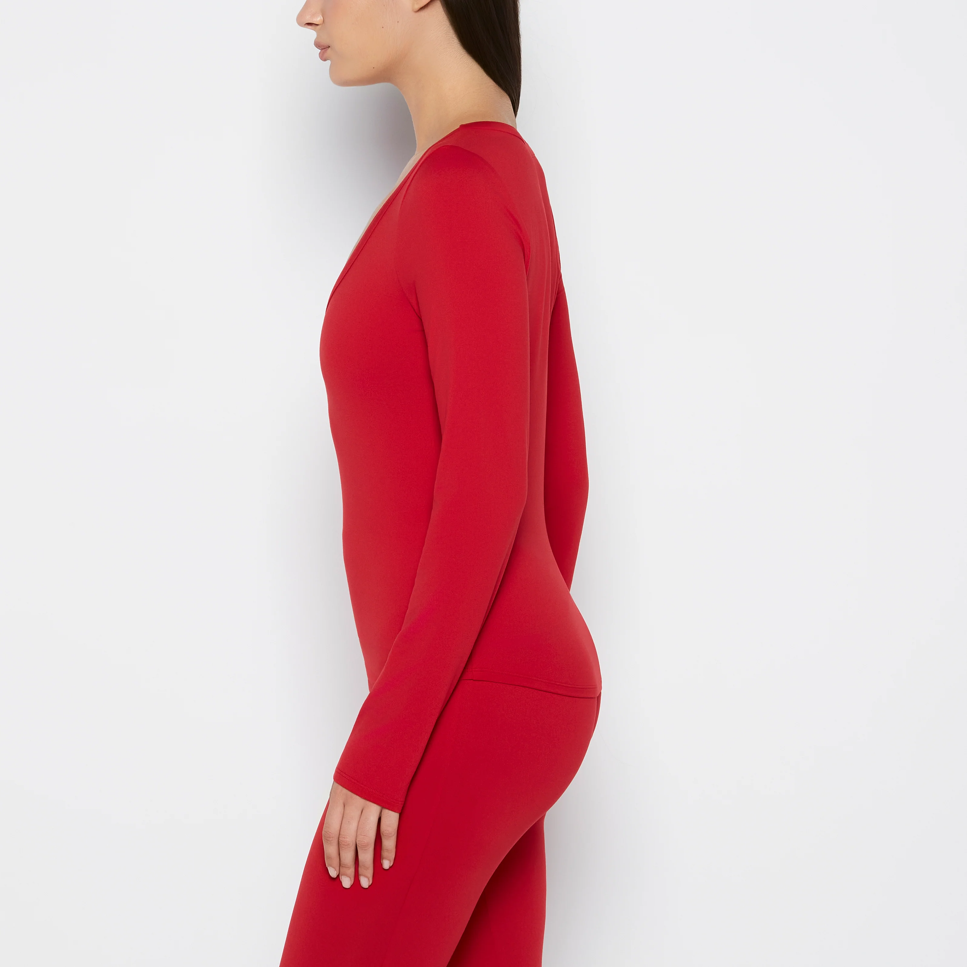 Long sleeve brushed jersey v-Neck top in Crimson - Image 2