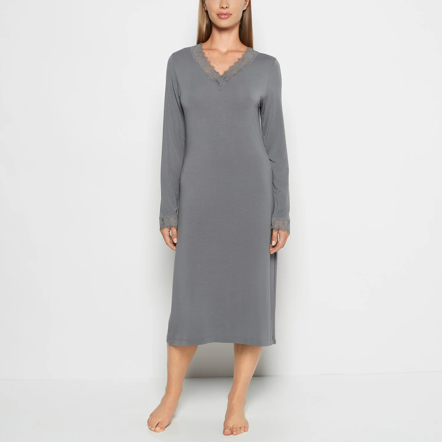 Modal with Lace V-Neck Sleep Shirt in Smoked Pearl