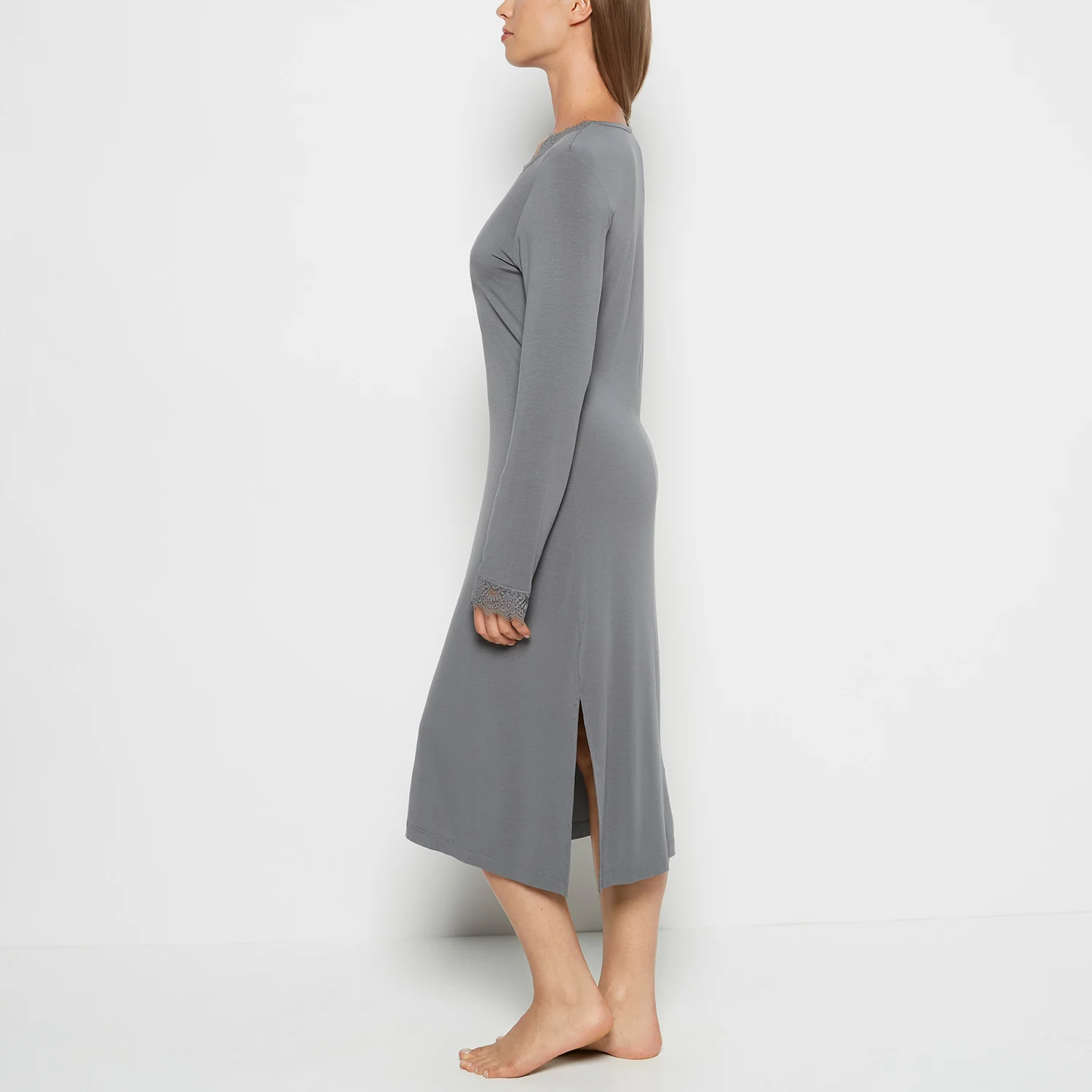 Modal with Lace V-Neck Sleep Shirt in Smoked Pearl - Image 2
