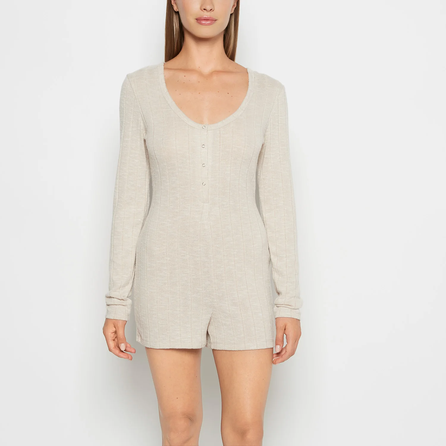 Placket Front Onesie in Cozy Light Oatmeal