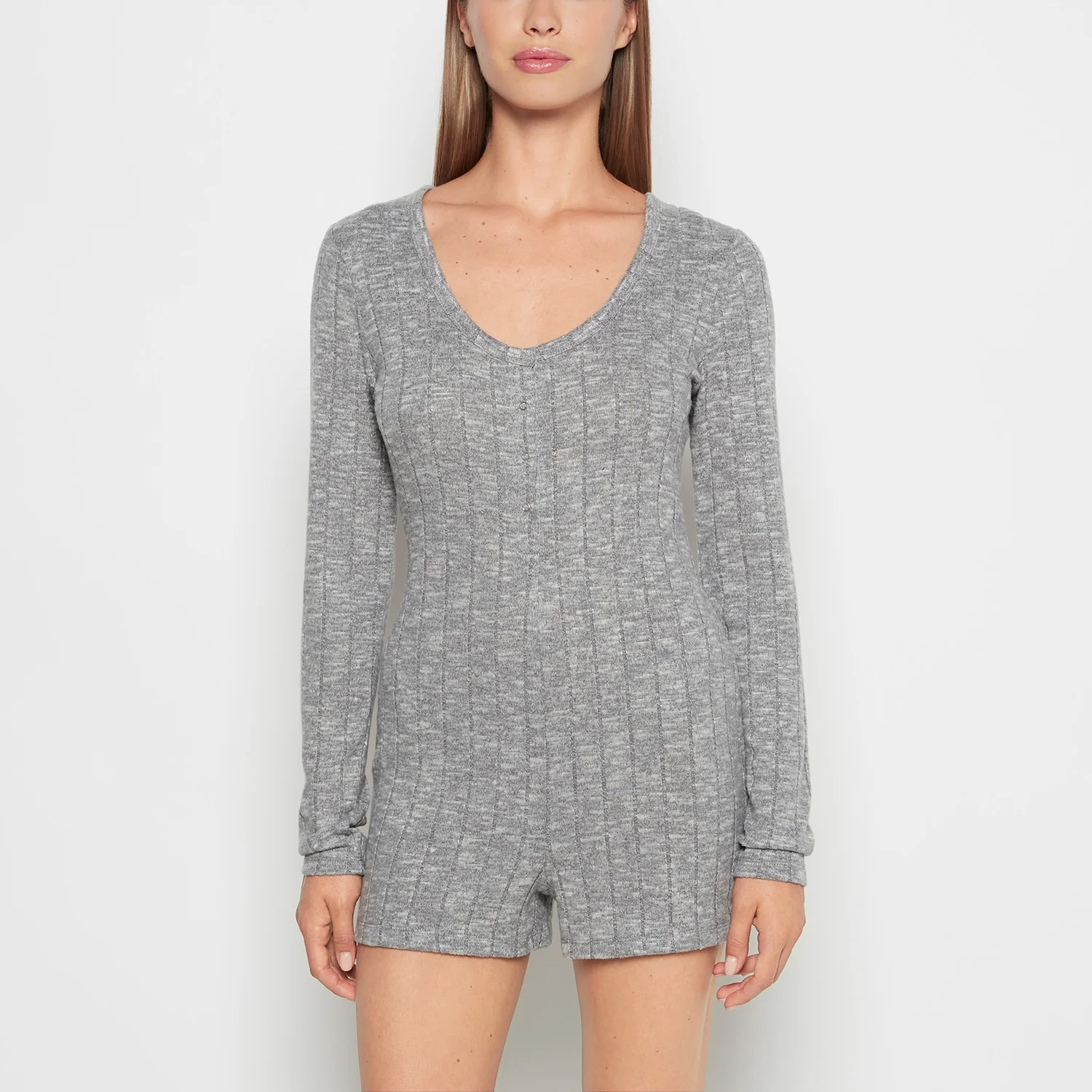 Placket Front Onesie in Light Grey Cozy