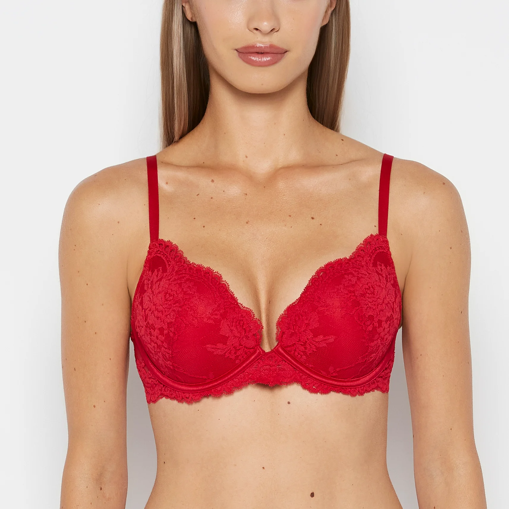 Plunge Opulent Lace Bra with Lace Cradle in Crimson