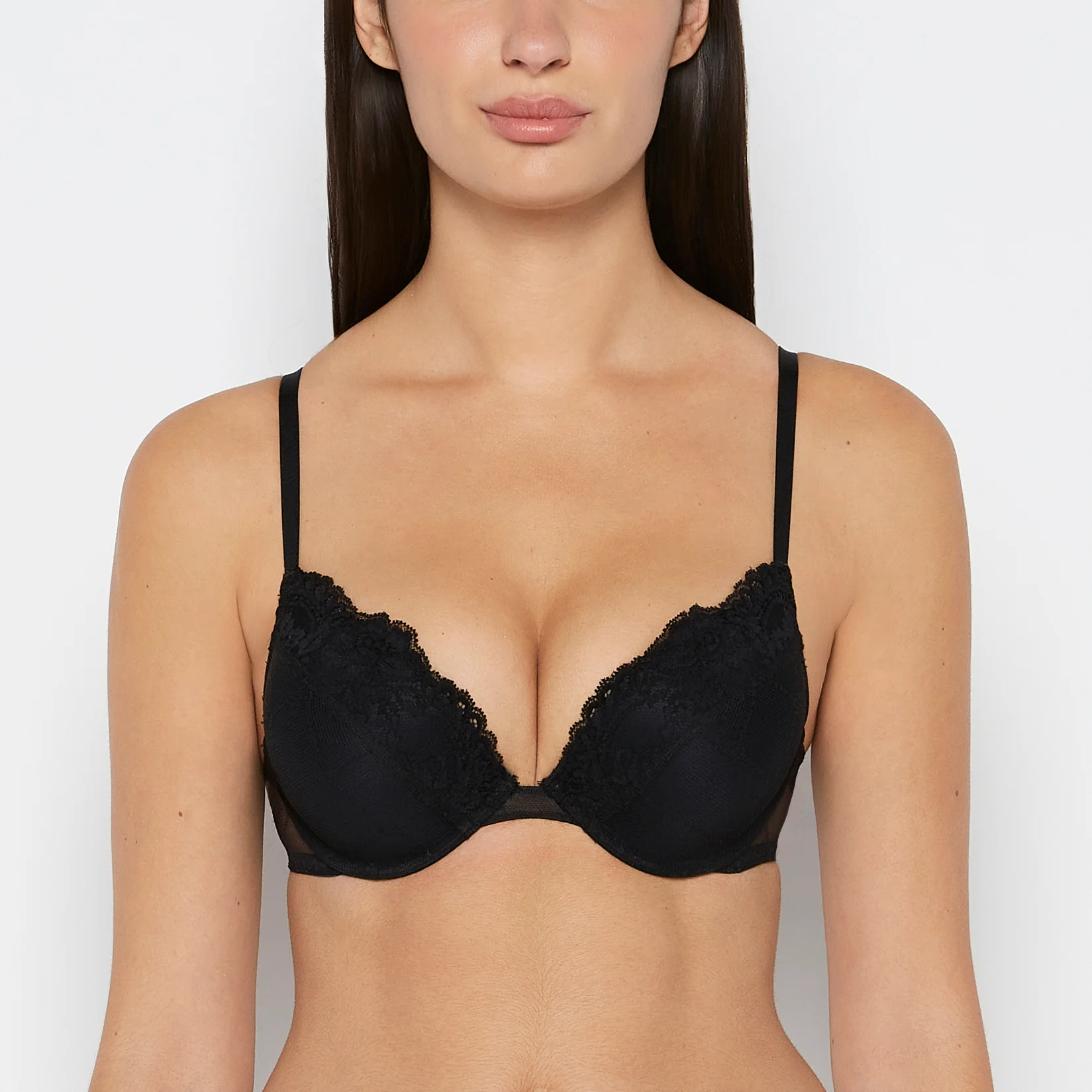 Plunge Opulent Lace Bra with Mesh Cups in Tuxedo Black