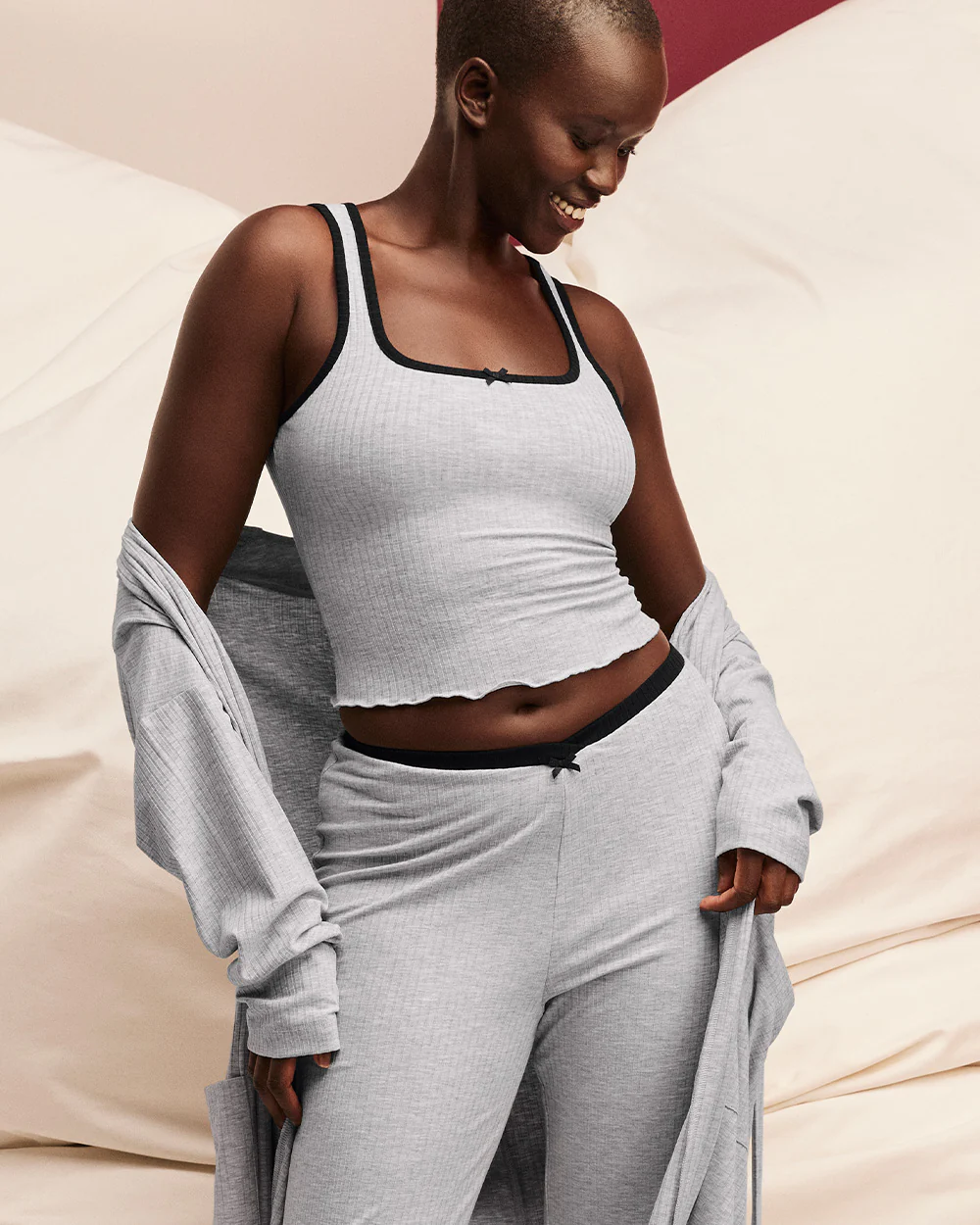 Ribbed Pajama Top with Bow in Cool Gray - Image 2