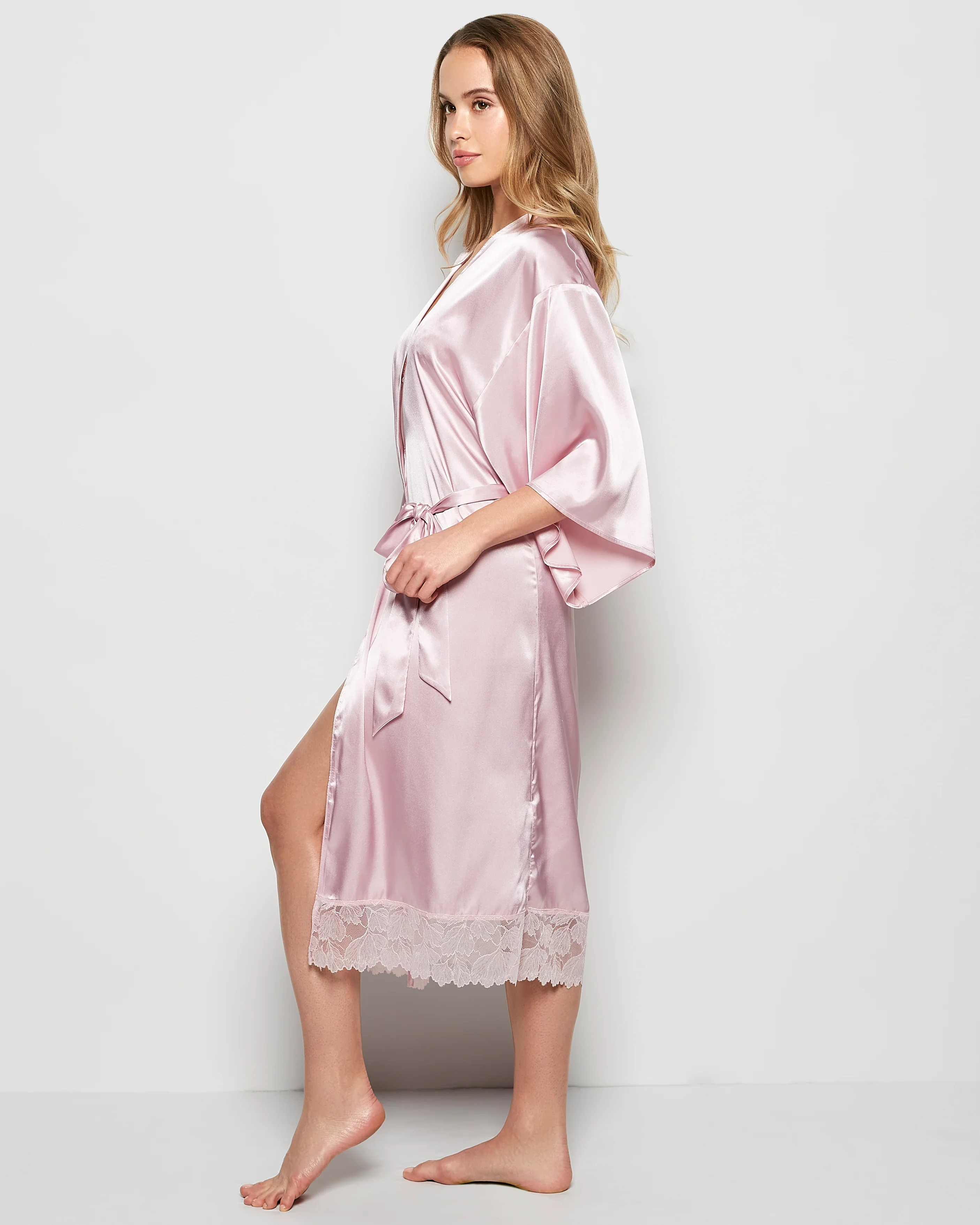 Satin Mid Length Robe with Lace in Iced Lilac - Image 2