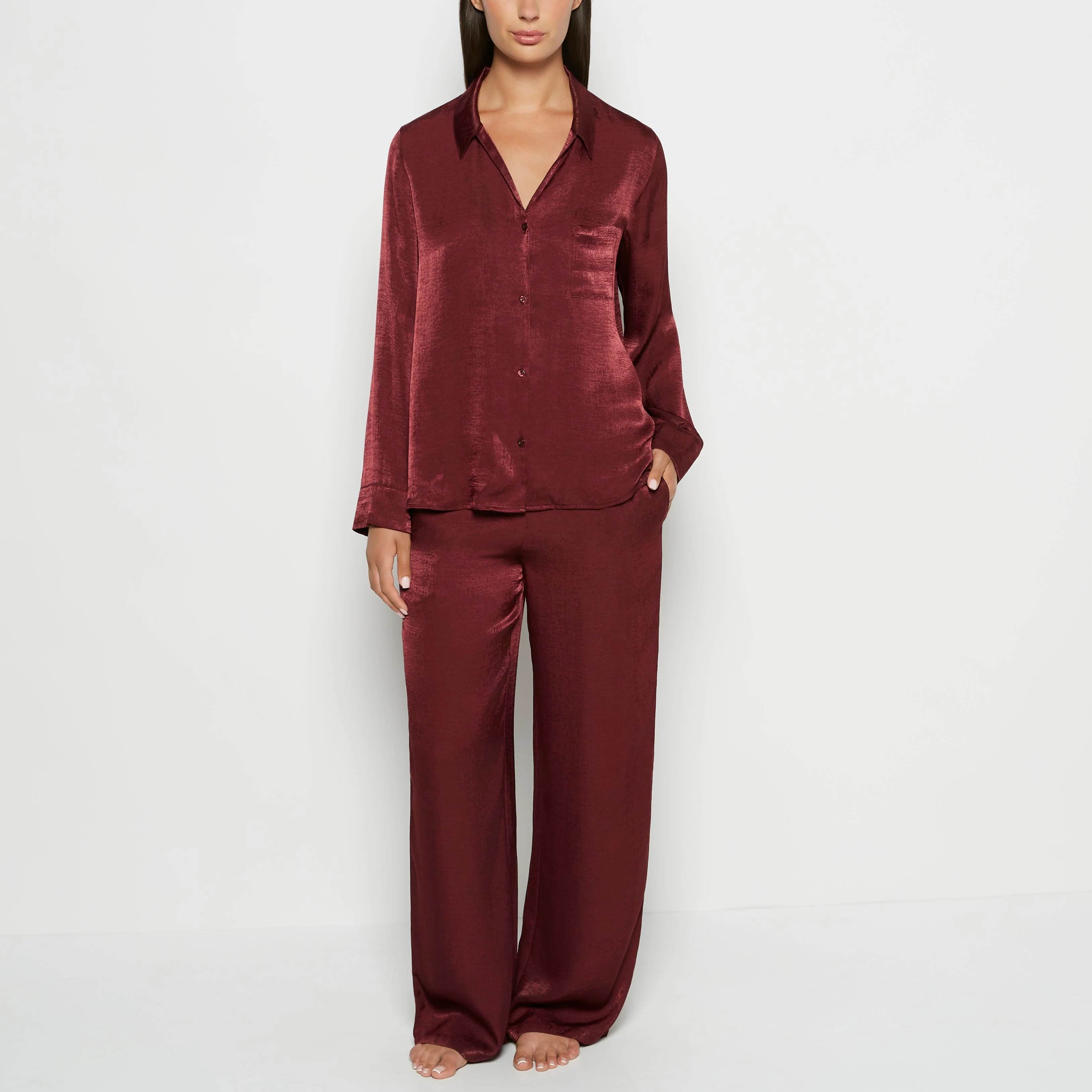 Satin Sleep shirt with button front in Russian Ruby