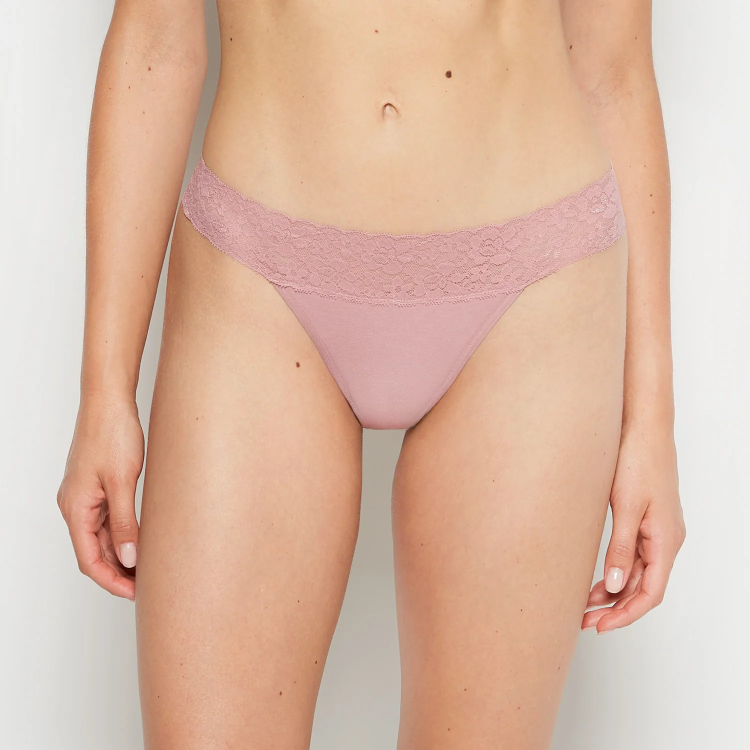 Thong Panty With Lace Trim in Sheer Mauve