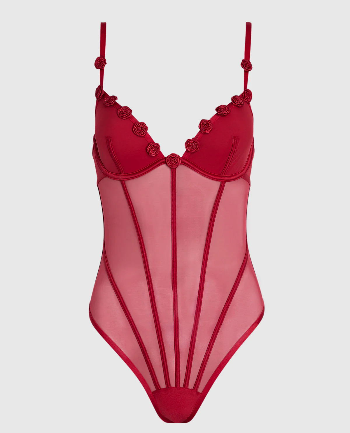 Unlined Mesh Bodysuit with Rosettes in Cosmo Red - Image 5